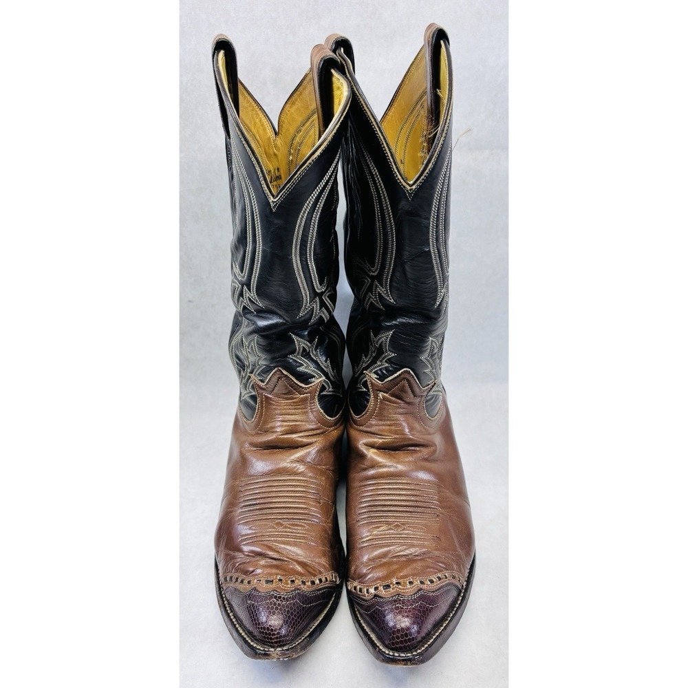 Tony Lama Two Tone Cowboy Boots 8.5D Brown Black Lizard Toe Vintage As Is - Picture 2 of 14